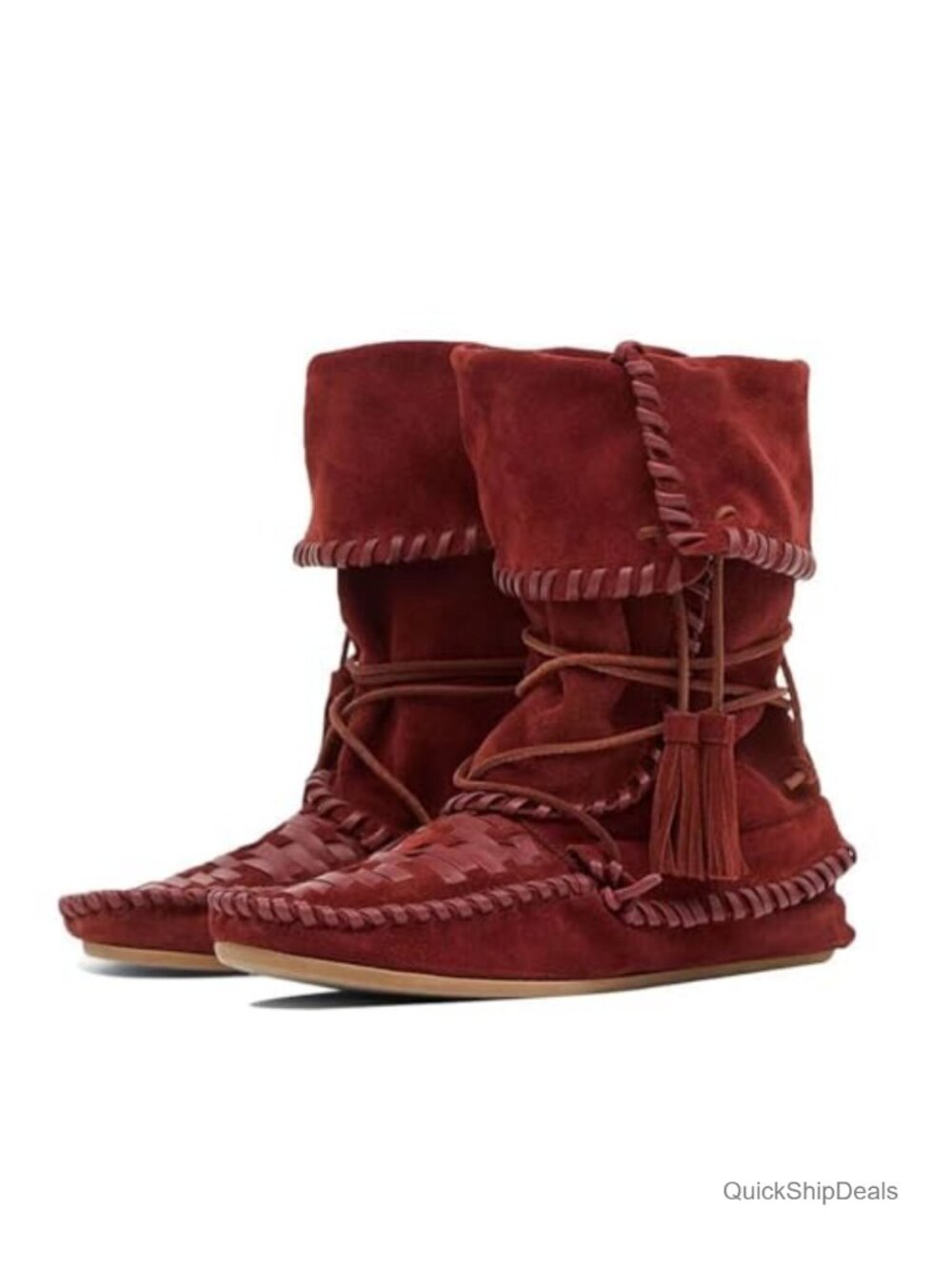 Suede Fold Over Slouchy Boho Boots - Fringe Lace Up Flat Mid Calf Cowboy Ankle